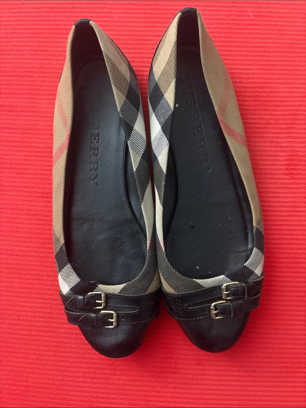 Burberry Tan Check Ballet Flats with Black Leather Toe and Buckle
